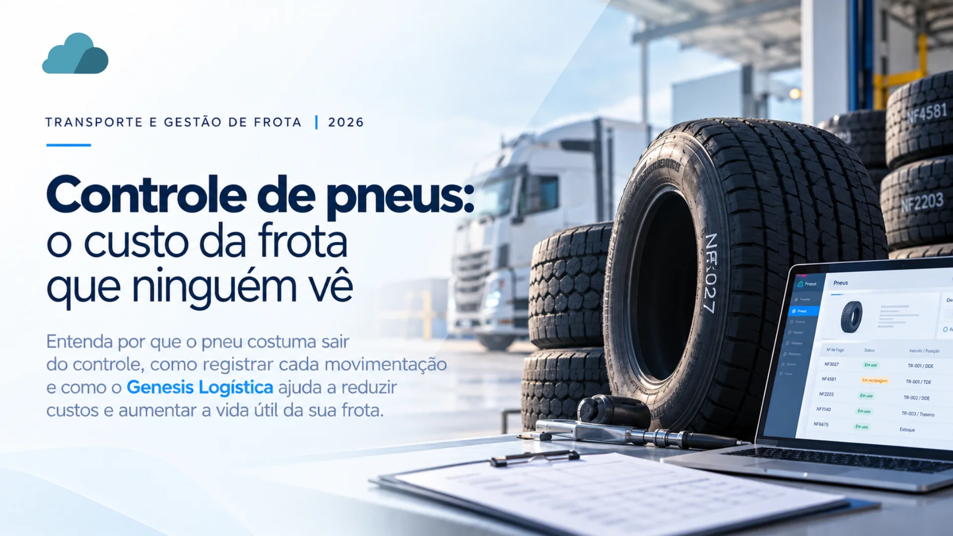 Controle de pneus: o custo da frota que ninguém vê — pneus identificados por número de fogo ao lado de um caminhão